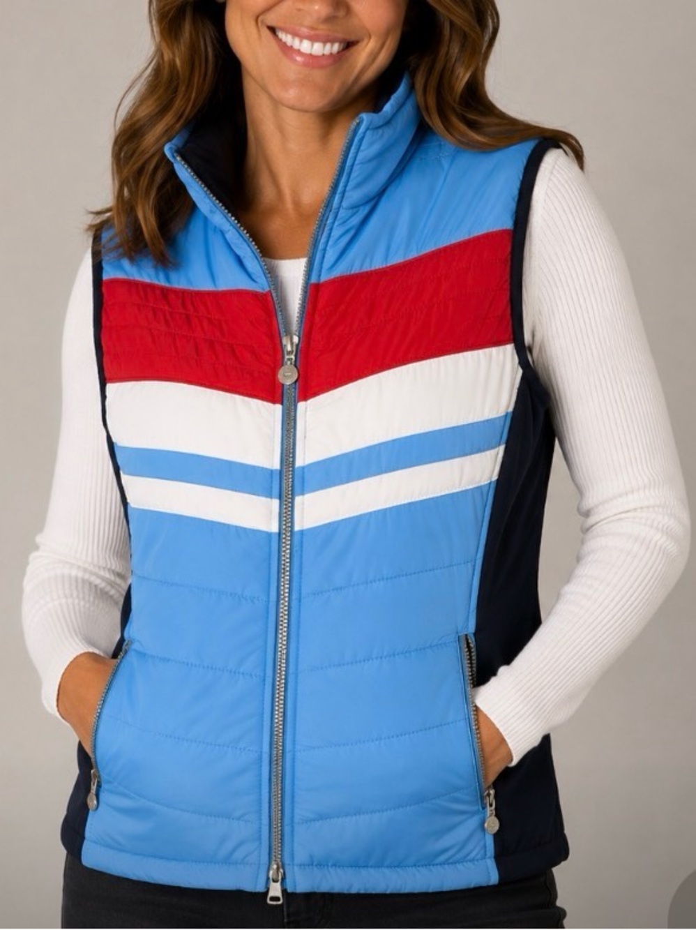 Daily Sports Women’s Vintage 80s Style Blue and Red Puffer Vest Size Small